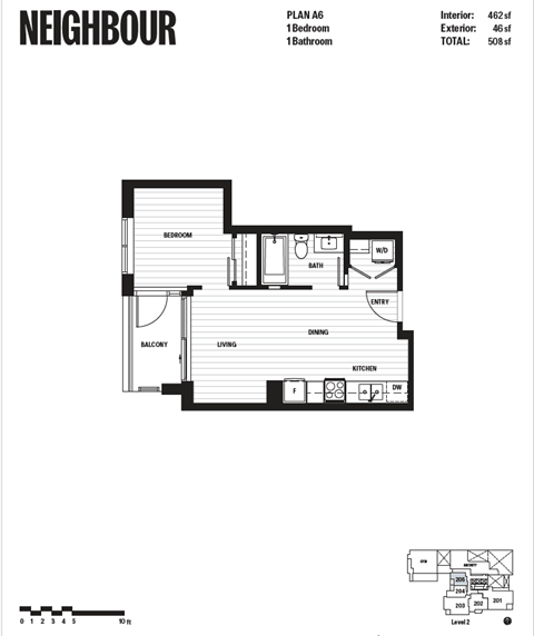 Floor plan for 1 bed, 1 bath, 443 sqft